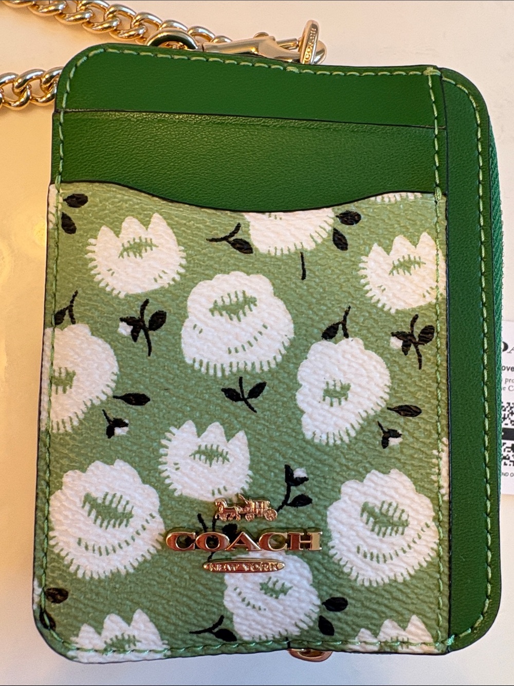 Coach Green Floral Card Holder with Gold Chain - Picture 6 of 6